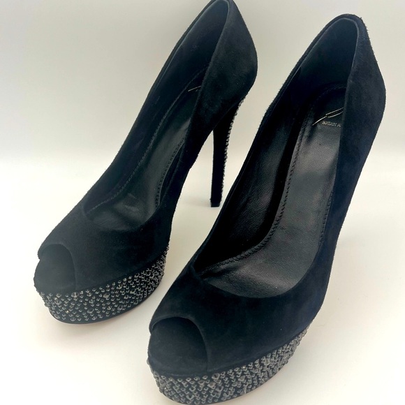 Brian Atwood Shoes - Brian Atwood - Black Suede Bea Crystal Studded Platform Pumps - Size 8.5